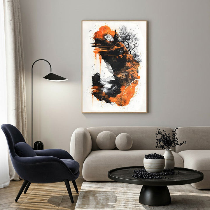 Wadi Home abstract mountain landscape wall art in fiery orange, black, and white with textured brushstrokes.