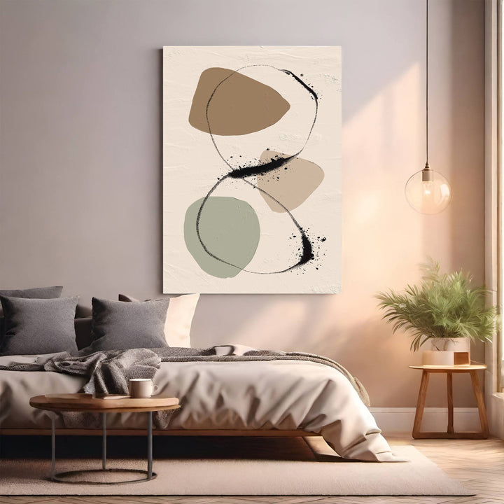 Wadi Home abstract wall art with beige, sage green, and brown organic shapes and black fluid lines.