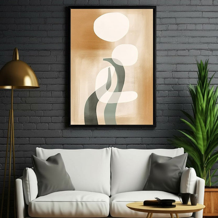 Wadi Home abstract organic shapes wall art in warm earthy tones and grey-green accents, framed.