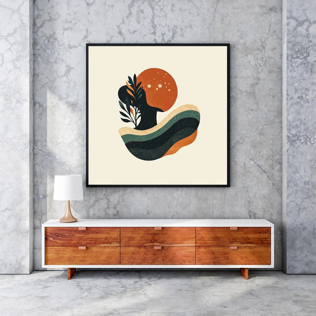 Wadi Home abstract organic shapes wall art with earthy tones and fluid forms, featuring a sun and plant motif.