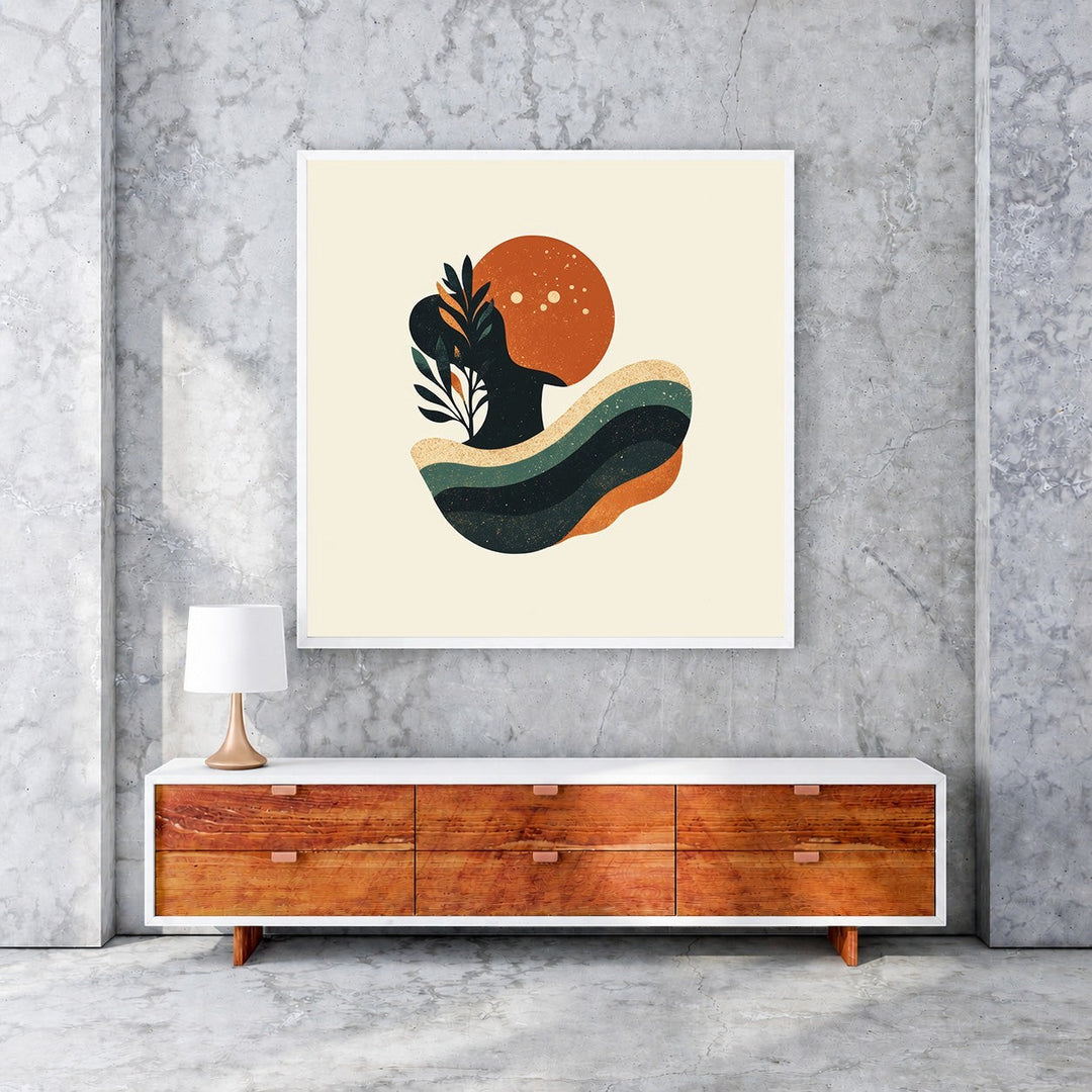 Wadi Home abstract organic shapes wall art with earthy tones and fluid forms, featuring a sun-like circle and layered shapes.