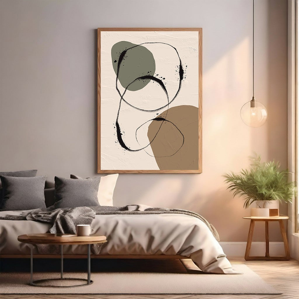 Wadi Home Abstract Organic Shapes Wall Art with beige, olive green, and brown shapes and black line art.