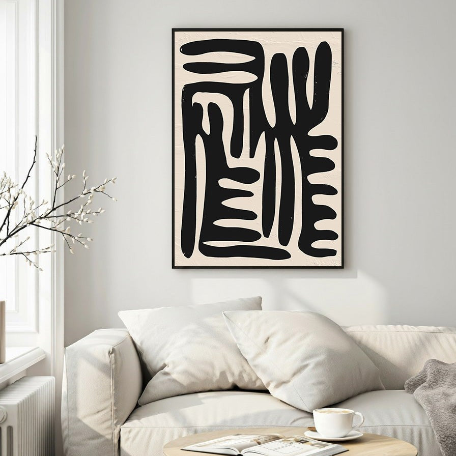 Wadi Home Abstract Organic Shapes Wall Art, black and cream minimalist abstract art with textured background.