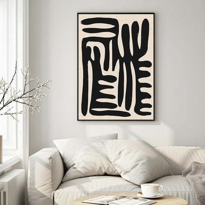 Wadi Home Abstract Organic Shapes Wall Art, black and cream minimalist abstract art with textured background.