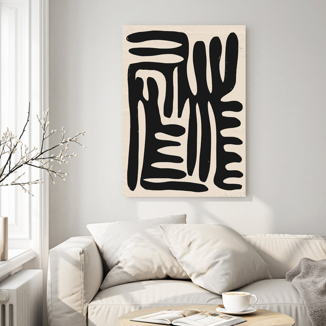 Wadi Home Abstract Organic Shapes Wall Art, black organic forms on textured neutral background, modern minimalist aesthetic.