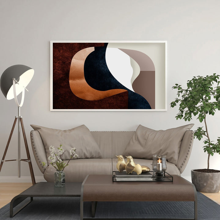 Wadi Home abstract organic shapes wall art in deep blues, browns, and copper tones. Modern contemporary decor.