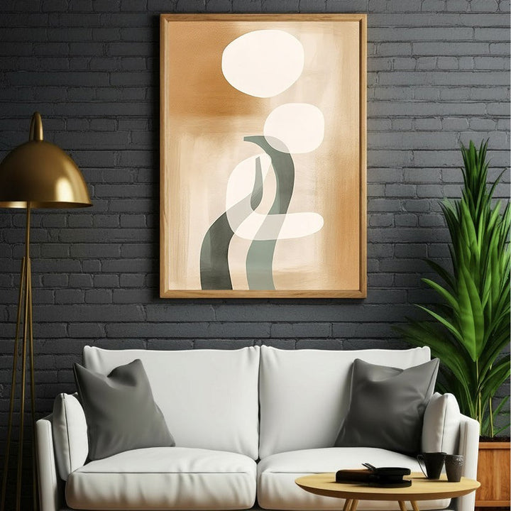 Wadi Home abstract organic shapes wall art in warm earthy tones and grey-green accents, framed.