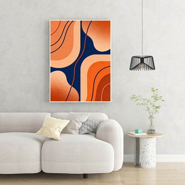 Wadi Home abstract wall art with organic shapes in navy blue, orange, and peach. Modern, textured design.