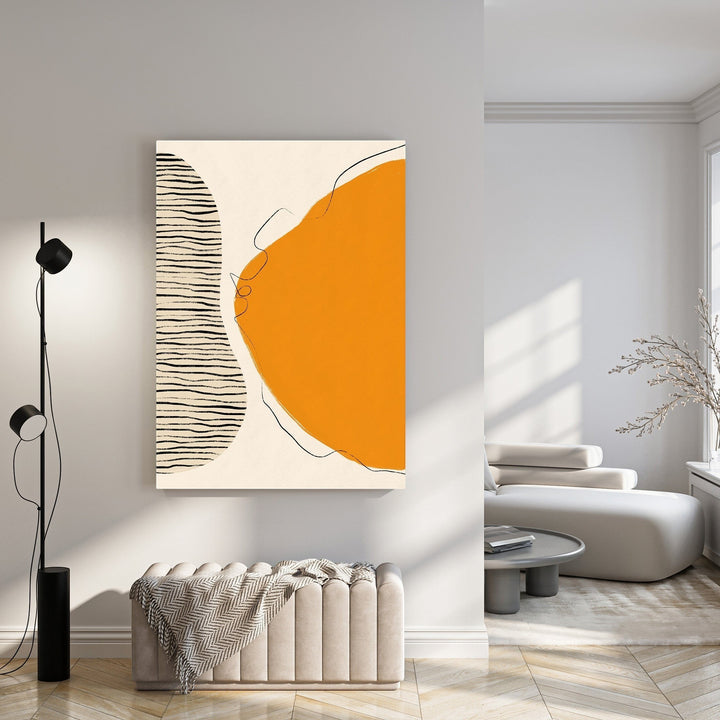 Wadi Home abstract wall art with orange and black organic shapes on a cream background, minimalist design.