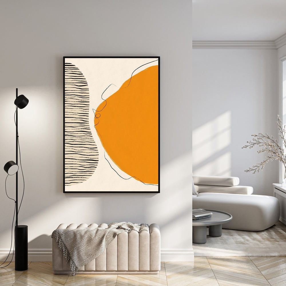 Wadi Home abstract wall art with orange and black organic shapes on a cream background, minimalist design.