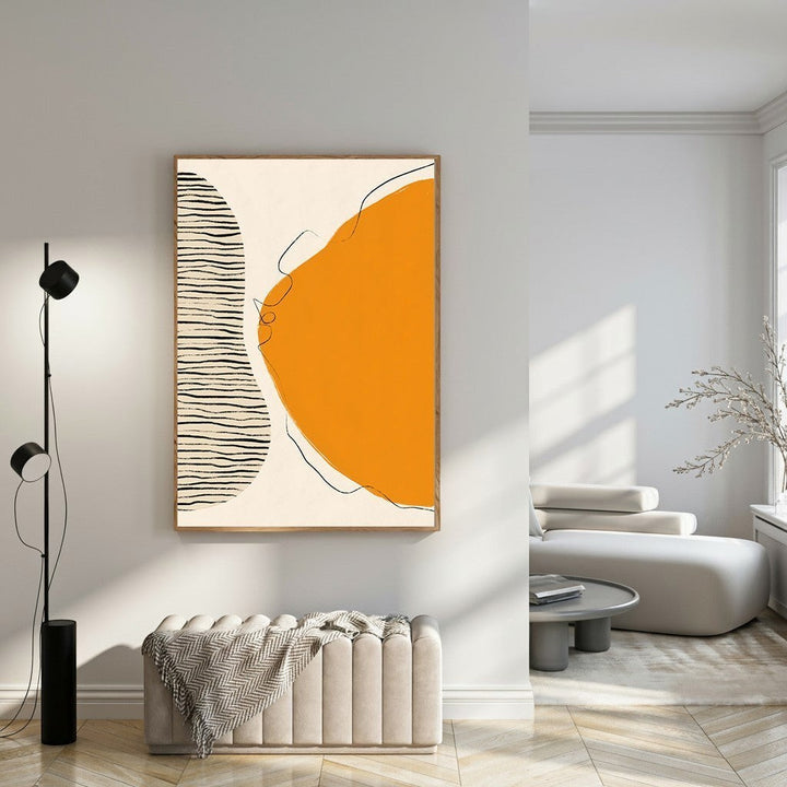 Wadi Home abstract organic shapes wall art with orange, black, and cream colors. Features fluid forms and textured lines.