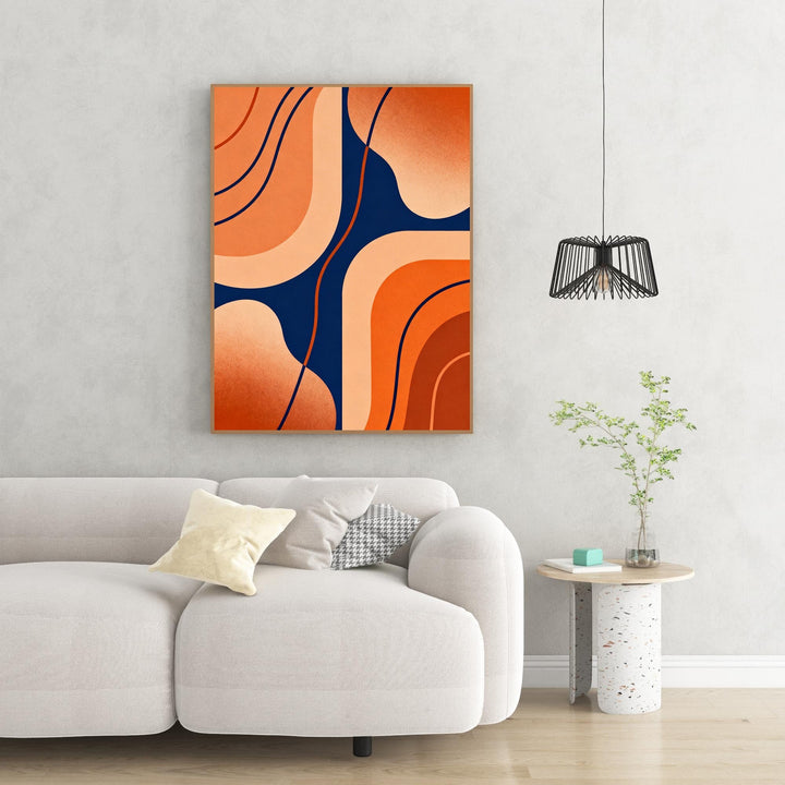 Wadi Home abstract wall art with organic shapes in navy blue, orange, and peach. Modern, textured design.