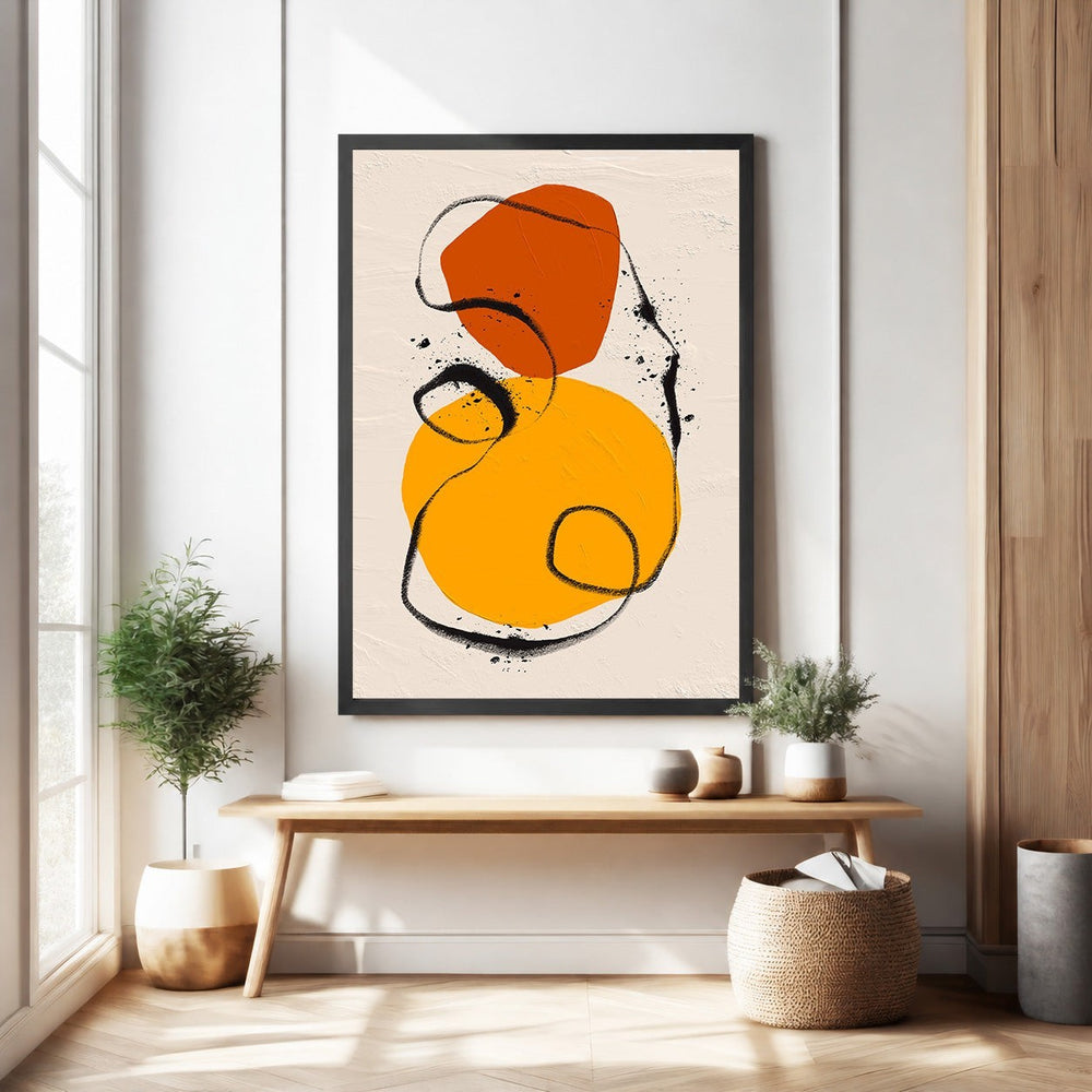 Wadi Home Abstract Organic Shapes Wall Art with orange and yellow circles and black brushstrokes on textured background.