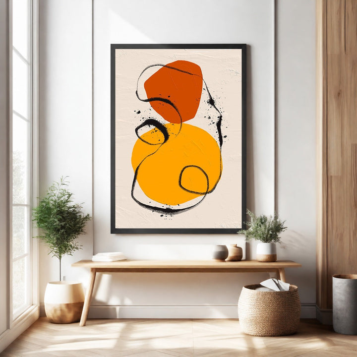 Wadi Home Abstract Organic Shapes Wall Art with orange and yellow circles and black brushstrokes on textured background.