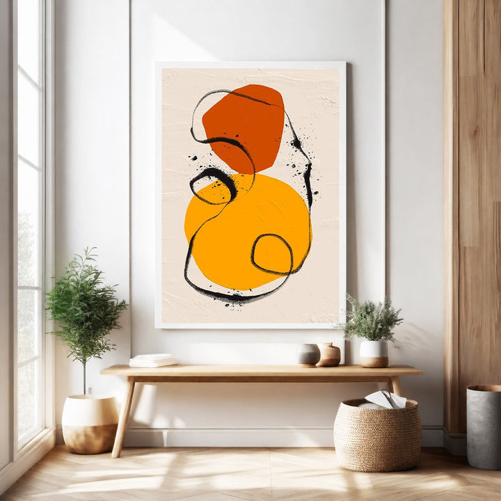 Wadi Home abstract wall art with orange and yellow circles and black brushstrokes on textured background.