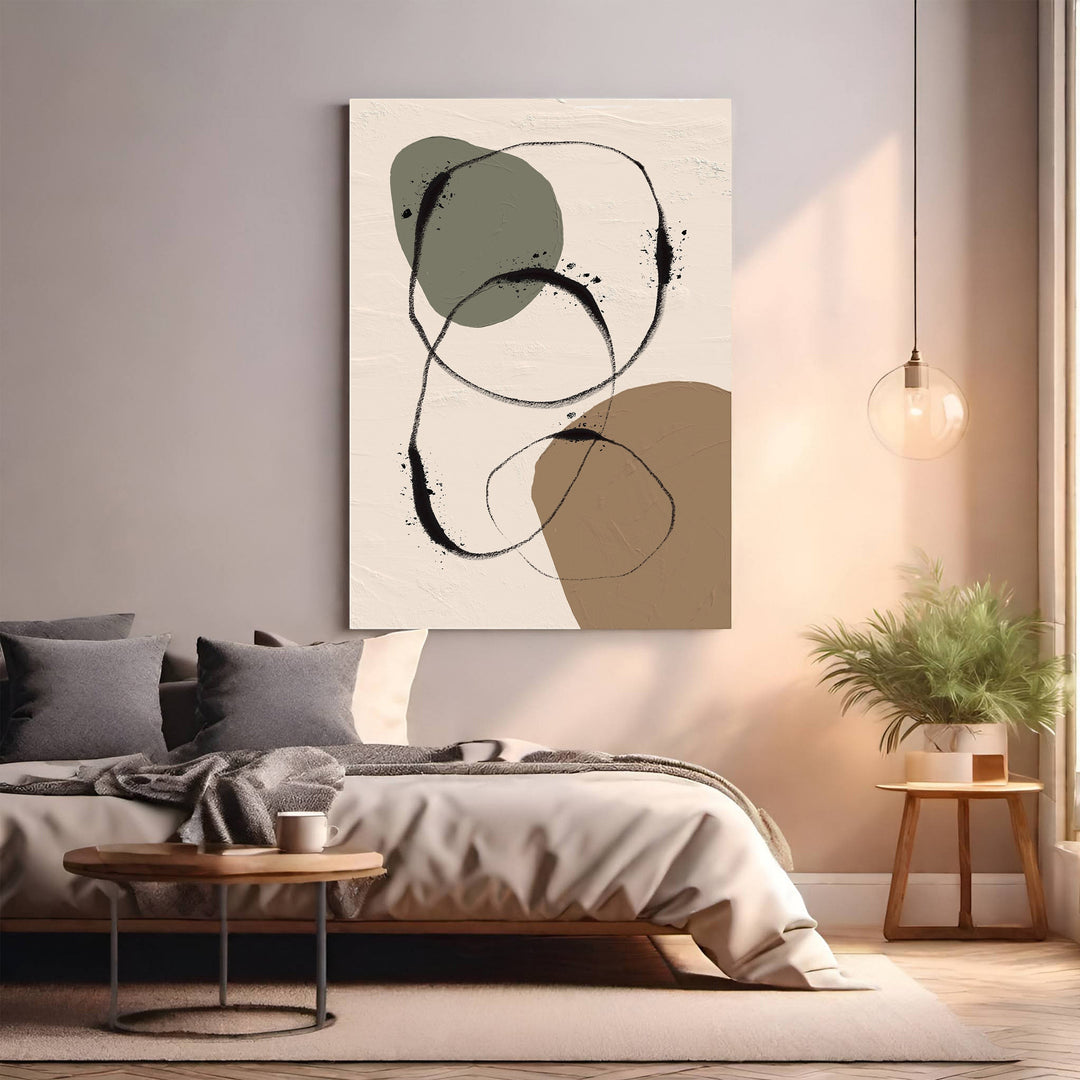 Wadi Home abstract organic shapes wall art with green, brown, and black on a textured cream background.