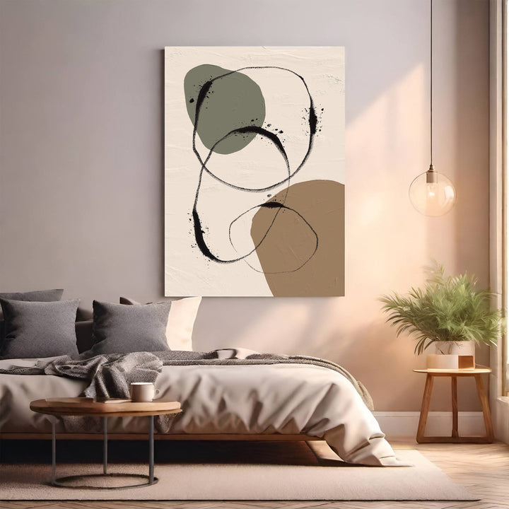 Wadi Home abstract organic shapes wall art with green, brown, and black on a textured cream background.