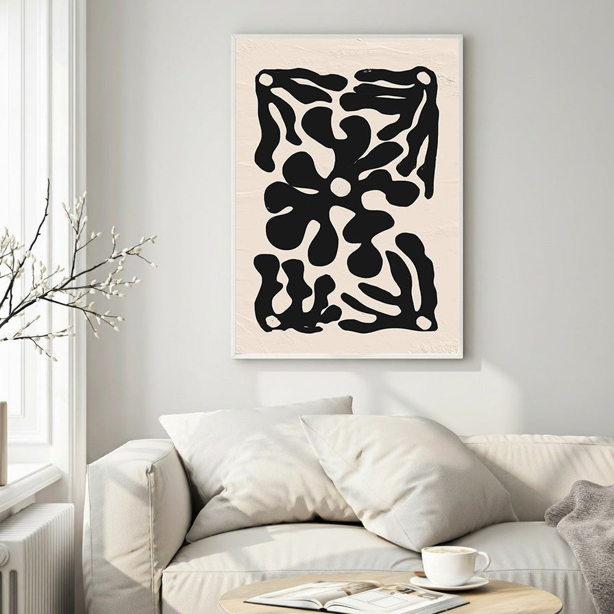 Wadi Home abstract organic shape wall art, black on textured cream background. Modern, minimalist art print.