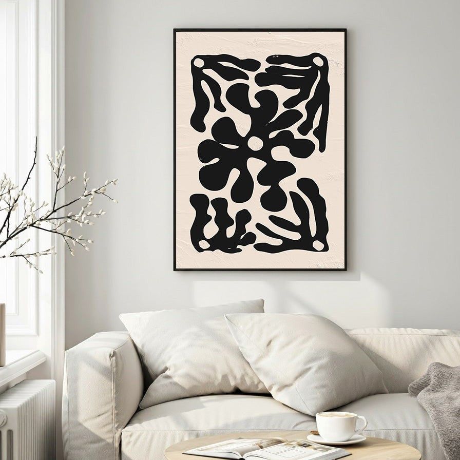 Wadi Home Abstract organic shape wall art, black on textured neutral background. Modern minimalist print.