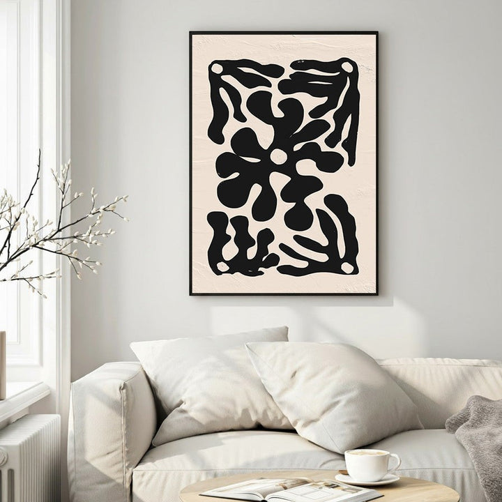 Wadi Home Abstract organic shape wall art, black on textured neutral background. Modern minimalist print.