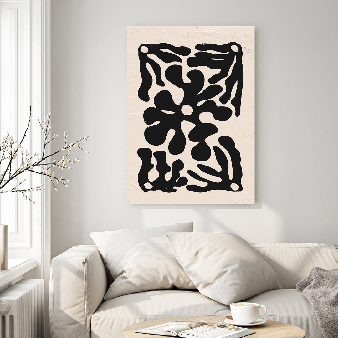 Wadi Home abstract organic shape wall art, black print on textured neutral background, modern minimalist decor.