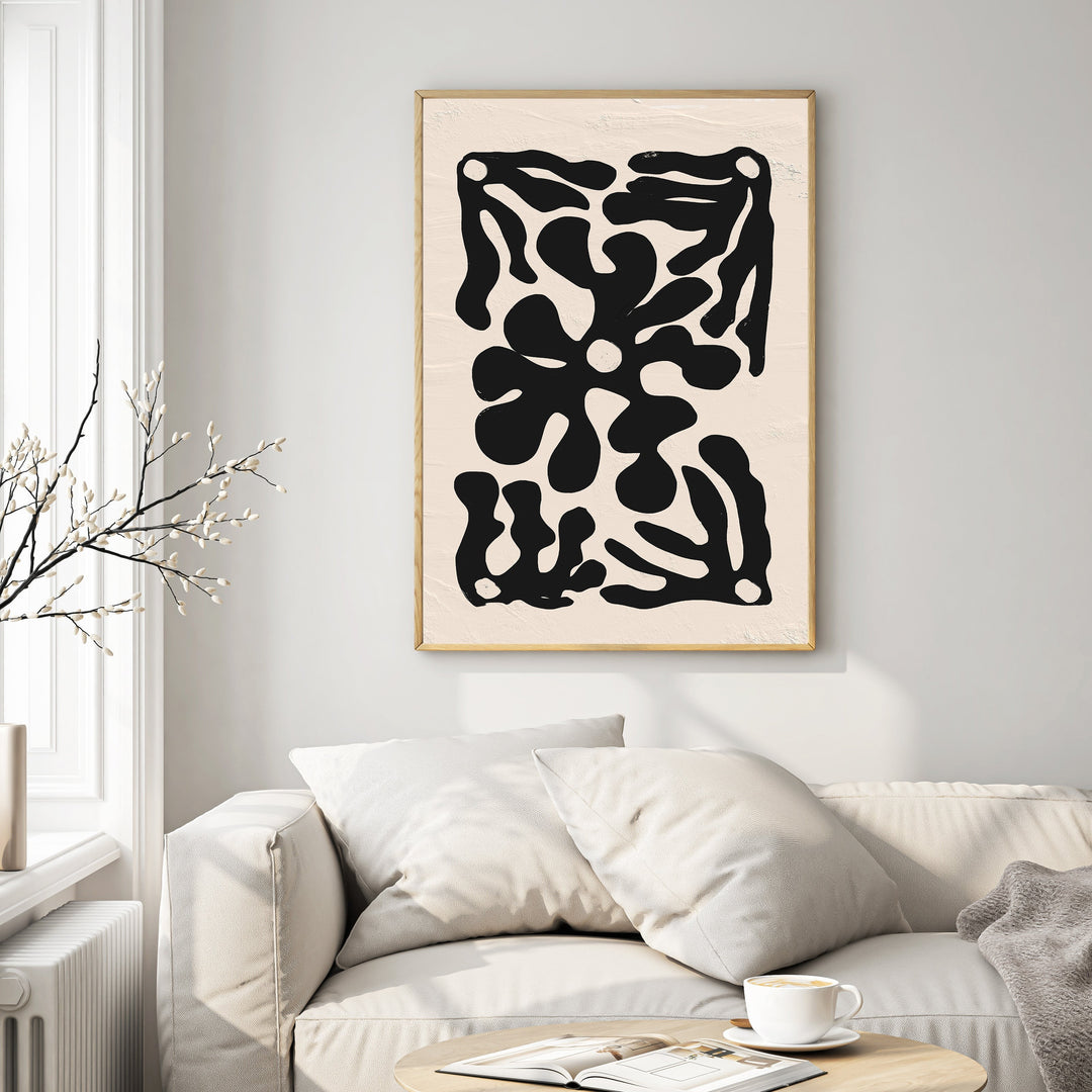 Wadi Home abstract organic shape wall art, black on neutral textured background, modern minimalist art.