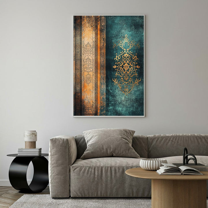 Wadi Home abstract oriental pattern wall art with teal, gold, and earthy tones. Features intricate gold detailing and a textured finish.