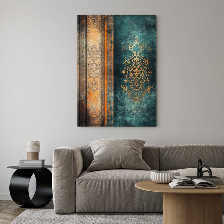 Wadi Home abstract oriental pattern wall art with teal, gold, and earthy tones. Features intricate gold detailing on a textured teal background.