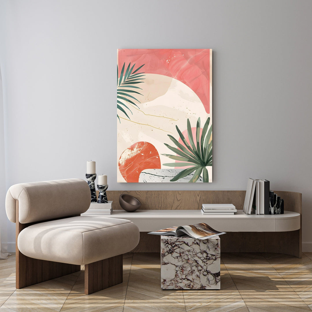 Wadi Home abstract botanical artwork with green palm leaves, coral shapes, and beige background. Modern tropical wall art.