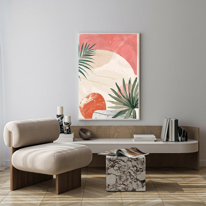 Wadi Home abstract botanical artwork with green palm leaves and coral shapes on a warm background.