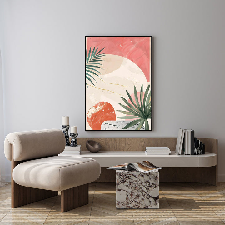 Wadi Home abstract botanical artwork with green palm leaves and coral shapes on a warm background.