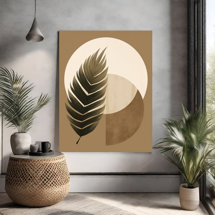 Wadi Home abstract botanical wall art featuring a dark green palm leaf against a backdrop of beige, cream, and brown geometric shapes.