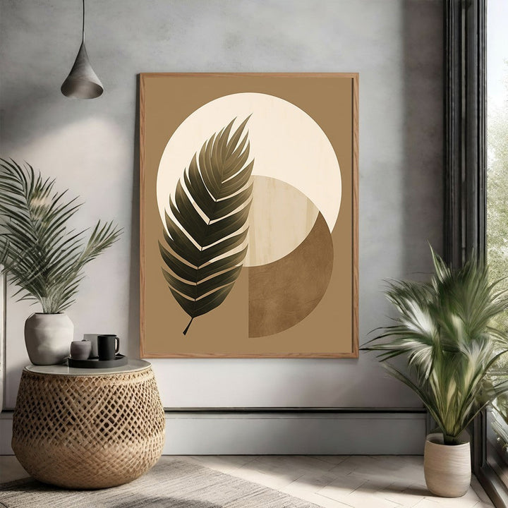 Wadi Home abstract palm leaf wall art with geometric shapes in earthy tones of brown, cream, and green.