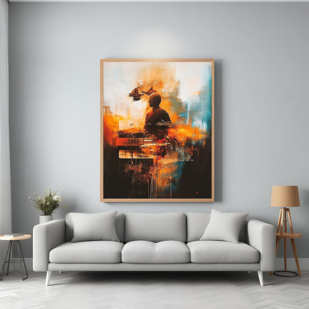 Wadi Home abstract artwork of a silhouetted pianist in warm tones of orange and red, with hints of blue. Textured brushstrokes evoke musical passion.
