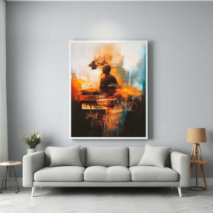 Wadi Home abstract painting of a pianist in warm tones of orange, red, and blue. Textured brushstrokes evoke musical passion.