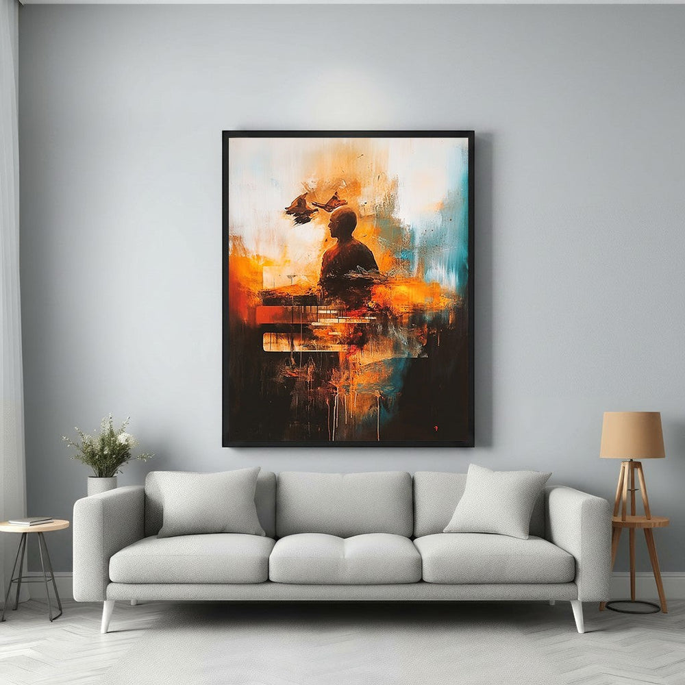 Wadi Home abstract artwork of a pianist in warm tones of orange, red, and blue. Textured brushstrokes evoke musical passion.