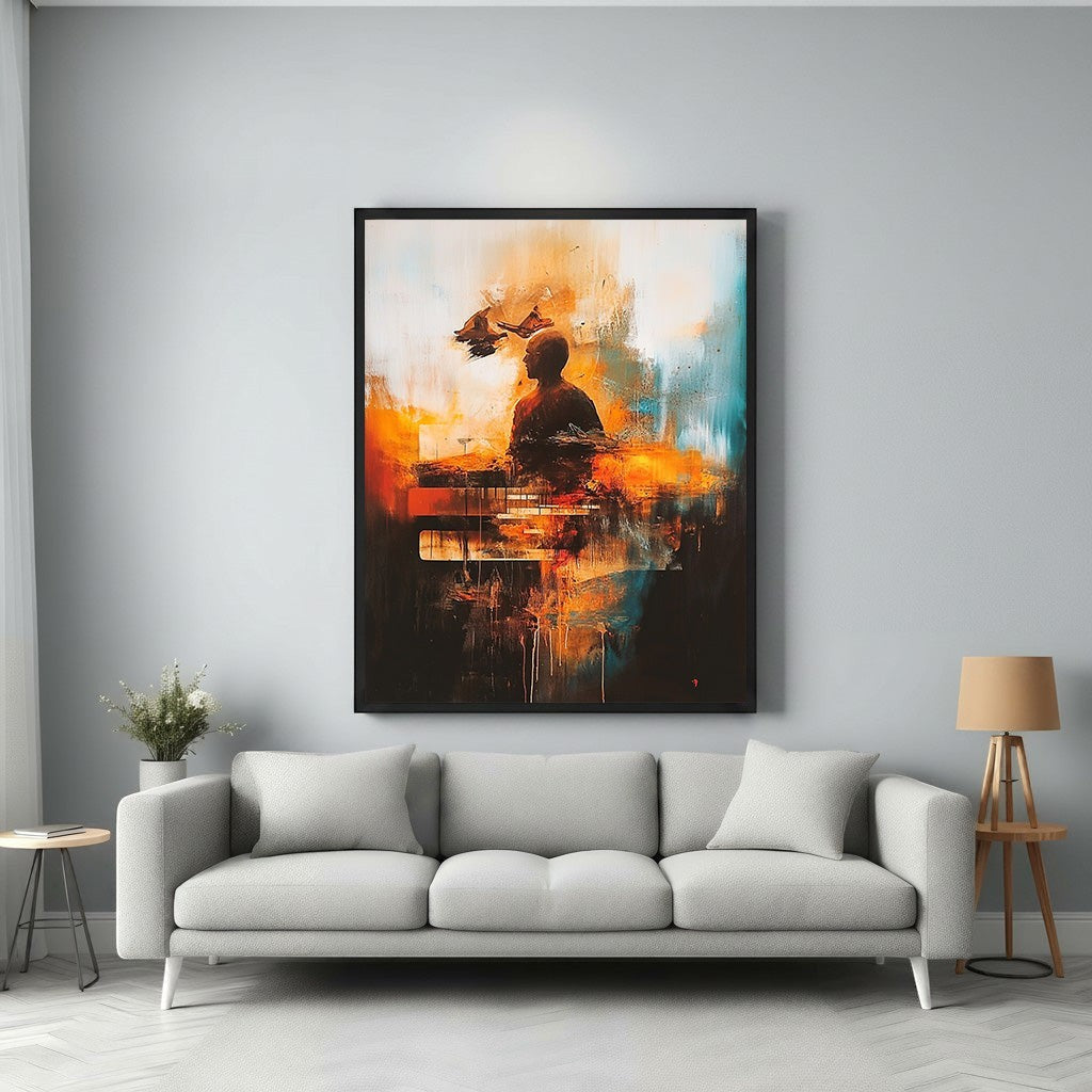 Wadi Home abstract artwork of a pianist in warm tones of orange, red, and blue. Textured brushstrokes evoke musical passion.