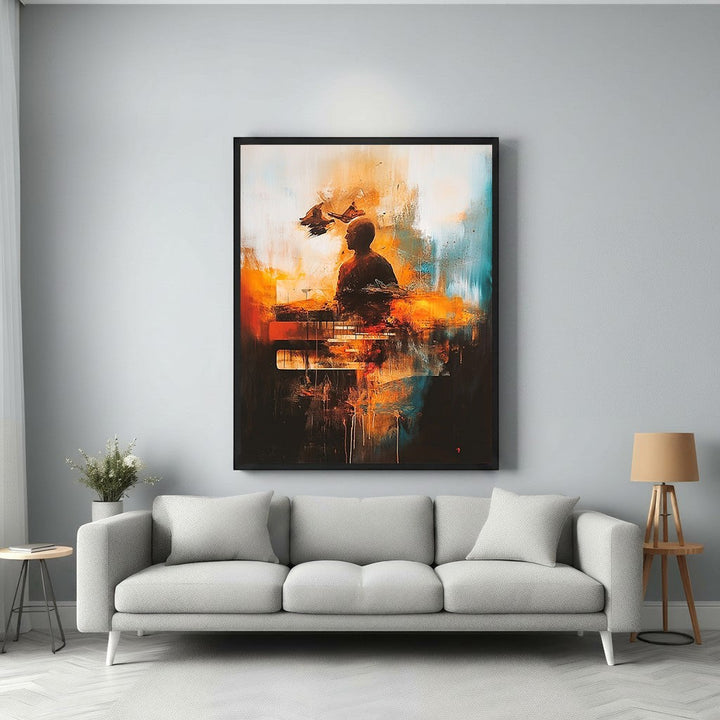 Wadi Home abstract artwork of a pianist in warm tones of orange, red, and blue. Textured brushstrokes evoke musical passion.