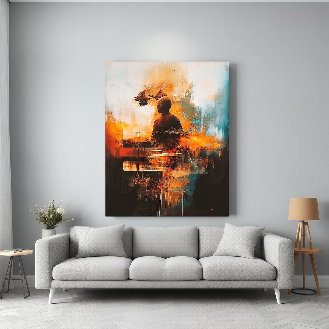 Wadi Home abstract painting of a pianist in warm tones of orange, red, and blue, with textured brushstrokes.