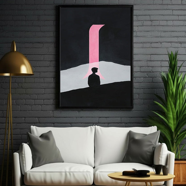 Wadi Home abstract wall art with black background, pink archway, and silhouette of a person.