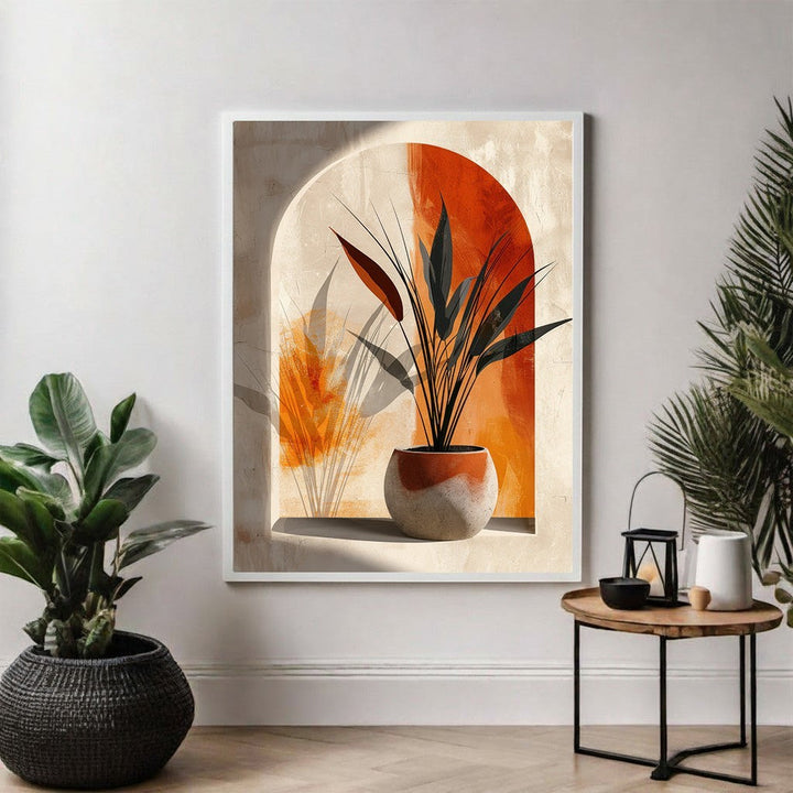 Wadi Home abstract plant archway wall art with terracotta pot and warm earthy tones.