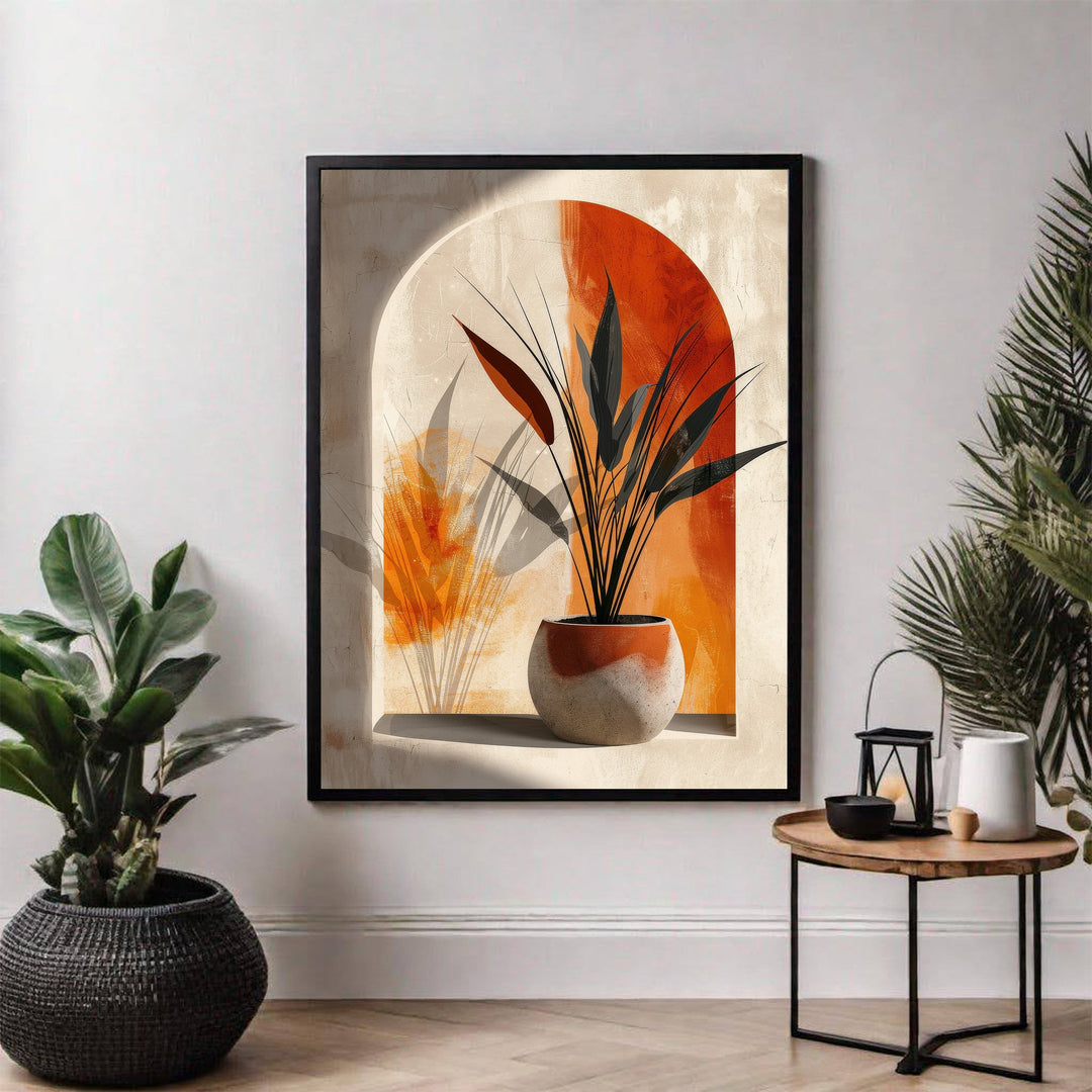 Wadi Home abstract plant archway wall art with terracotta pot and orange accents. Modern botanical canvas print.
