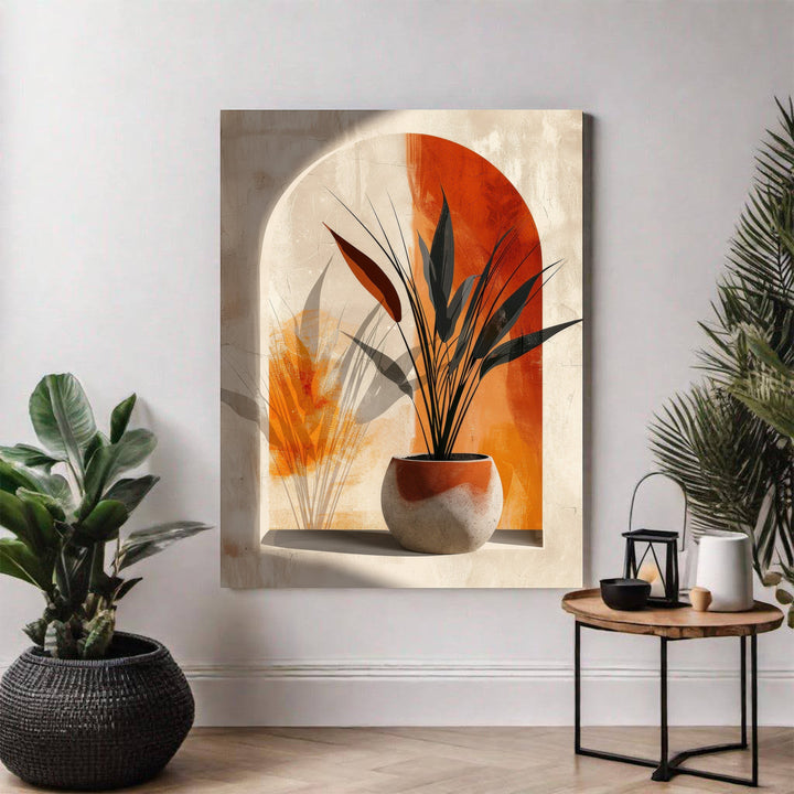 Wadi Home abstract plant archway wall art with terracotta pot and dark green leaves, warm orange and beige tones.