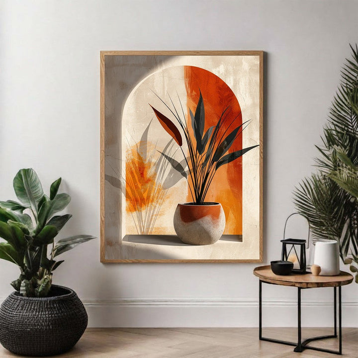Wadi Home abstract plant archway wall art with terracotta pot and orange accents. Modern botanical canvas print.