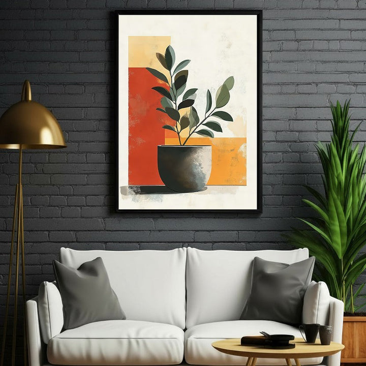 Wadi Home abstract potted plant wall art with terracotta, yellow, and muted green hues. Modern botanical design.