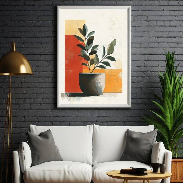 Wadi Home abstract potted plant wall art with terracotta, yellow, and green hues. Modern botanical art.