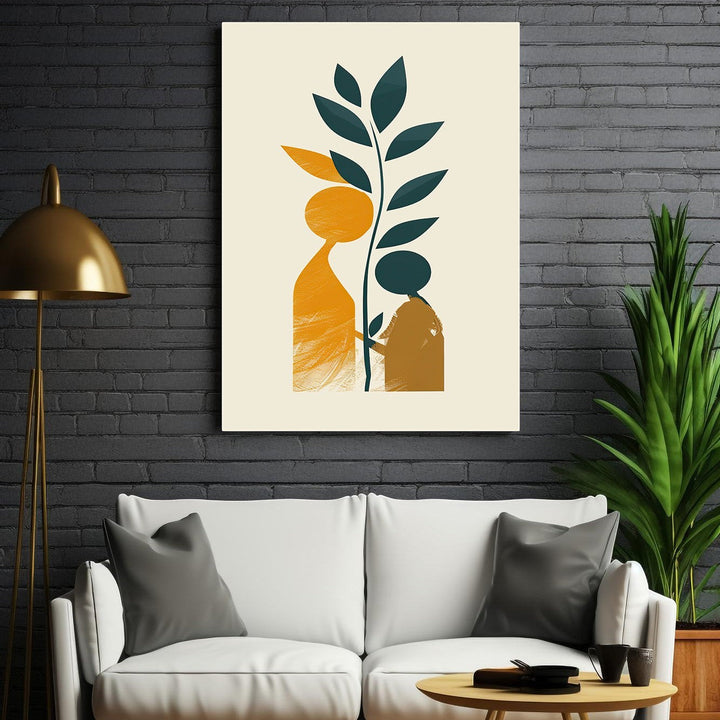 Wadi Home abstract wall art with ochre figures and teal plant on cream background.