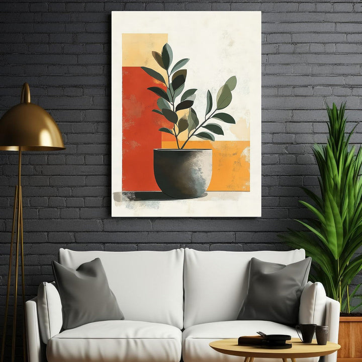 Wadi Home abstract potted plant wall art with terracotta, yellow, green, and gray geometric shapes.