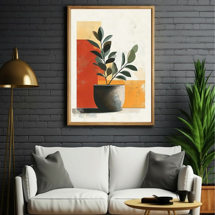 Wadi Home abstract potted plant wall art with terracotta, yellow, and green hues in a minimalist geometric style.