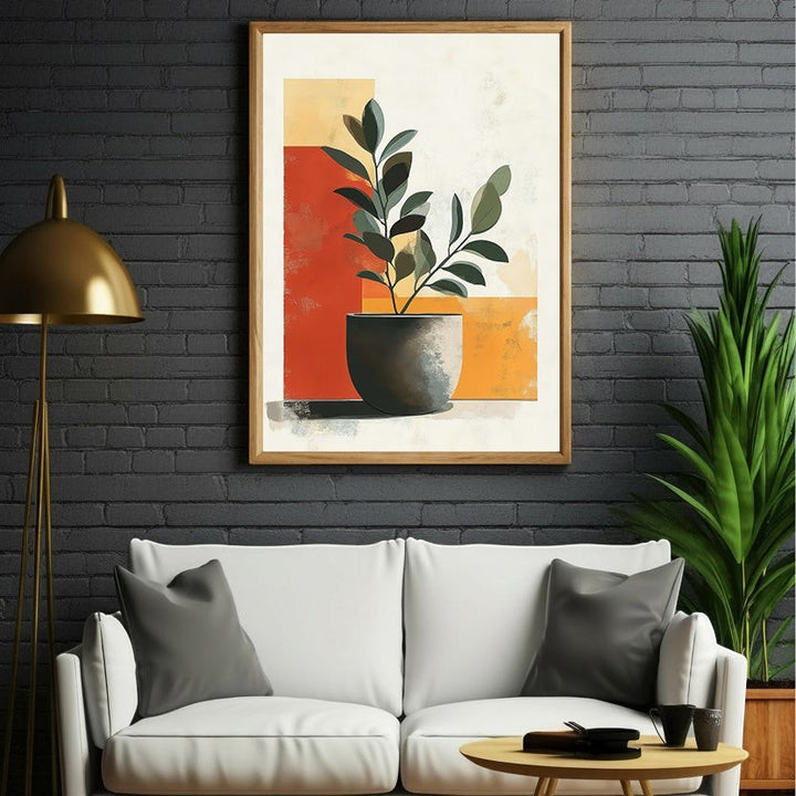 Wadi Home abstract potted plant wall art with terracotta, yellow, and green hues in a minimalist geometric style.